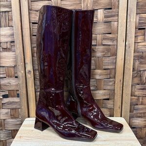 Elegant Burgundy Patent Genuine Leather Knee-High Boots
